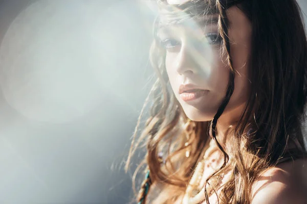 Beautiful Boho Girl Braids Hairstyle Posing Grey Lens Flares — Stock Photo, Image