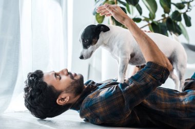 Gülümseyen ve Jack Russell Terrier 'ı tutan iki ırklı yakışıklı adamın yan görüntüsü.