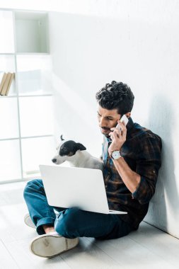 Akıllı telefondan konuşan ve Jack Russell Terrier 'ı tutan iki ırklı yakışıklı bir adam.