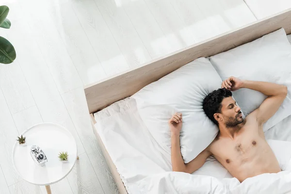Top View Sexy Handsome Racial Man Sleeping Bed Morning — Stock Photo, Image