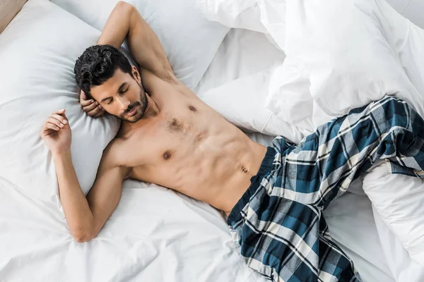 Top View Sexy Handsome Racial Man Sleeping Bed Morning — Stock Photo, Image