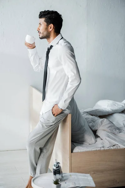 Side View Handsome Racial Businessman Drinking Coffee Morning — Stock Photo, Image