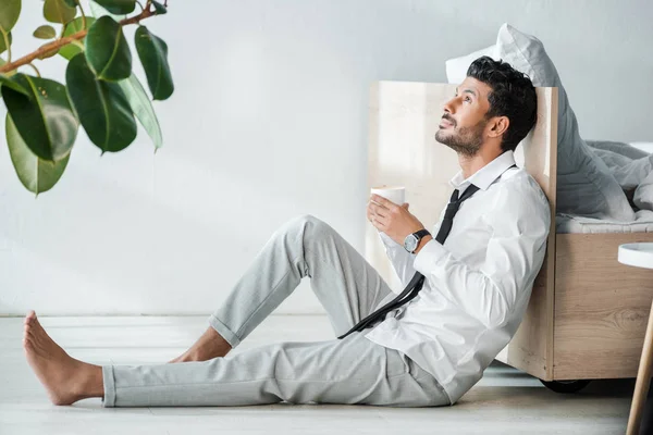 Side View Handsome Racial Businessman Holding Cup Coffee Morning — Stock Photo, Image