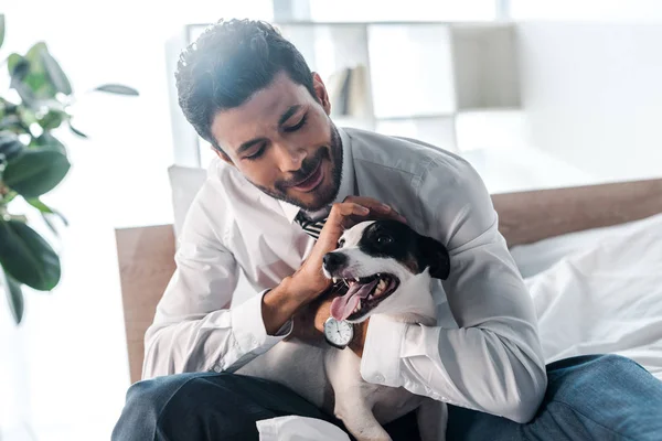 Smiling Racial Businessman Stroking Jack Russell Terrier Morning Home — Stock Photo, Image