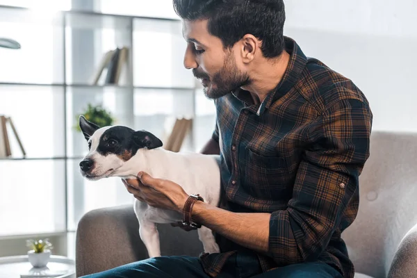 Smiling Handsome Racial Man Holding Jack Russell Terrier — Stock Photo, Image