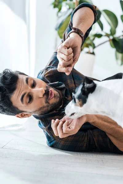 Bonito Racial Homem Olhando Para Jack Russell Terrier Deitado Chão — Fotografia de Stock