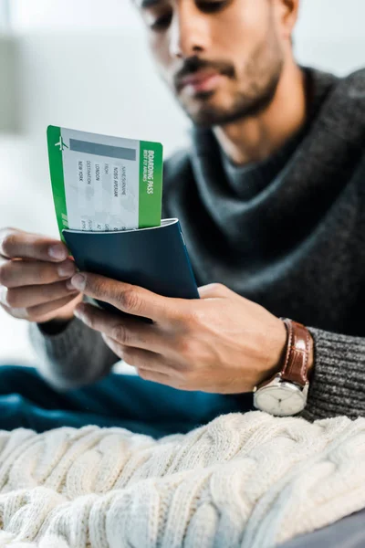 Cropped View Racial Man Sweater Holding Passport Air Ticket — Stock Photo, Image