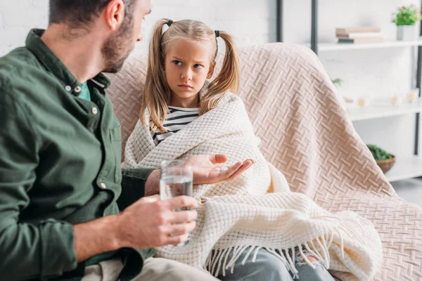 Father Holding Glass Water Giving Pills Sad Sick Daughter — Stock Photo, Image