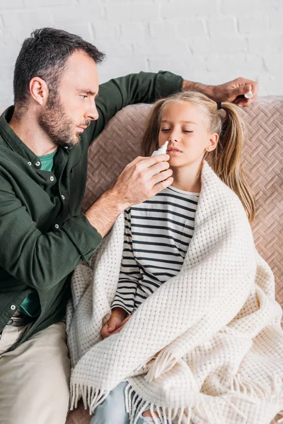 Attentive Father Holding Nasal Spray Sick Upset Daughter — Stock Photo, Image