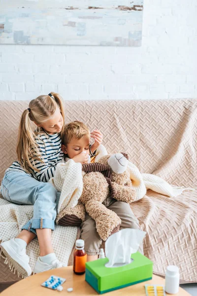 Attentive Sister Wiping Nose Sick Brother Napkin — Stock Photo, Image