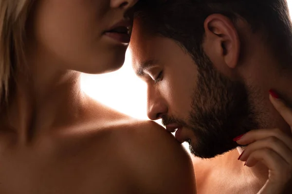 Handsome Man Kissing Shoulder His Nude Girlfriend Isolated White — Stock Photo, Image