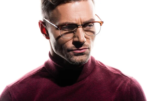 Homem Confiante Óculos Olhando Para Longe Isolado Branco — Fotografia de Stock