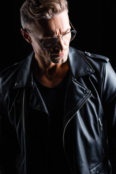 Handsome Man Leather Jacket Looking Isolated Black — Stock Photo, Image