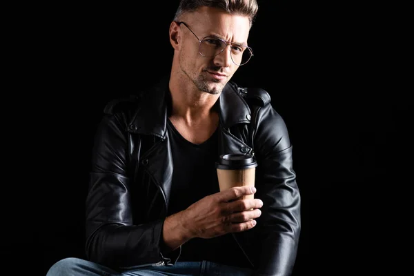 Stylish Man Biker Jacket Looking Camera While Holding Disposable Cup — Stock Photo, Image