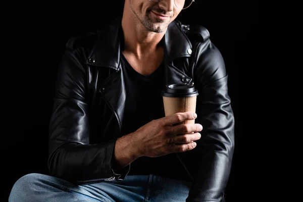 Cropped View Smiling Man Jeans Leather Jacket Holding Paper Cup — Stock Photo, Image