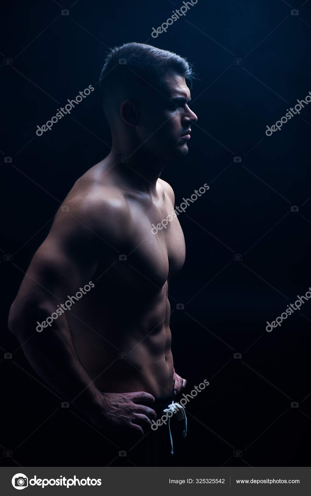 Side View Sexy Muscular Bodybuilder Bare Torso Posing Hands Hips Stock Photo Image By C Vitalikradko 325325542