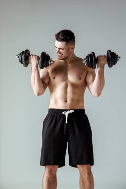 Çıplak gövdeli seksi kaslı vücut geliştirici gri halterli halterlerle egzersiz yapıyor.