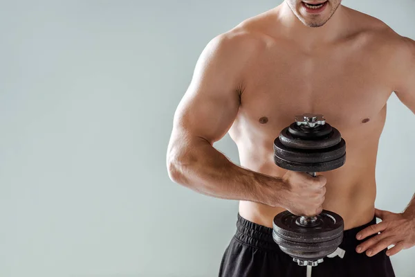 Cropped View Sexy Muscular Bodybuilder Bare Torso Exercising Dumbbell Isolated — Stock Photo, Image