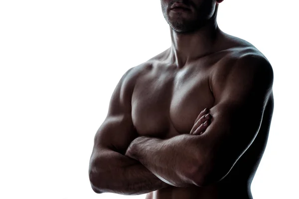 Çıplak Vücutlu Seksi Kaslı Vücut Geliştirici Kollarını Çapraz Pozla Beyazın — Stok fotoğraf