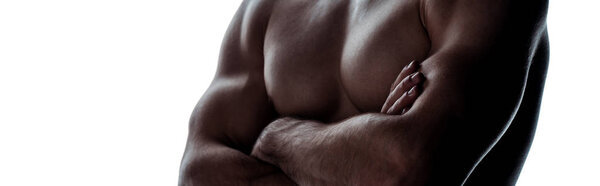 cropped view of sexy muscular bodybuilder with bare torso posing with crossed arms in shadow isolated on white, panoramic shot