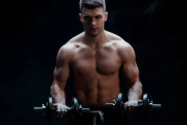 Sexy Muscular Bodybuilder Bare Torso Excising Dumbbells Isolated Black — Stock Photo, Image