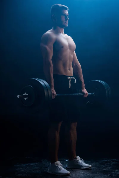 Sexy Muscular Bodybuilder Bare Torso Excising Barbell Black Background Smoke — Stock Photo, Image