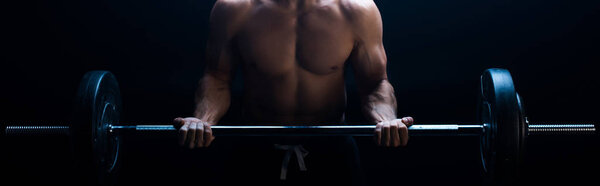 partial view of sexy muscular bodybuilder with bare torso excising with barbell isolated on black, panoramic shot