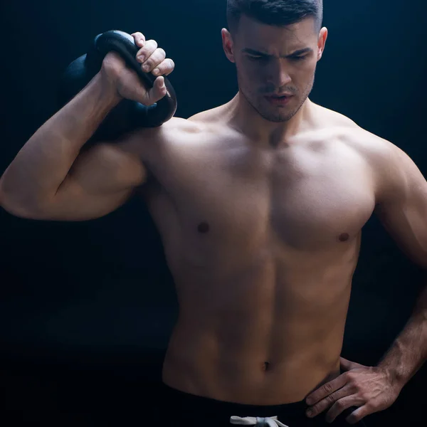 Sexy Muscular Bodybuilder Bare Torso Excising Kettlebell Black Background — Stock Photo, Image