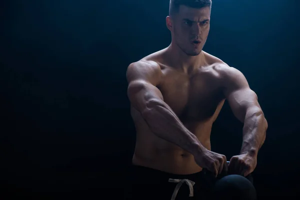 Tense Sexy Muscular Bodybuilder Bare Torso Excising Kettlebell Black Background — Stock Photo, Image
