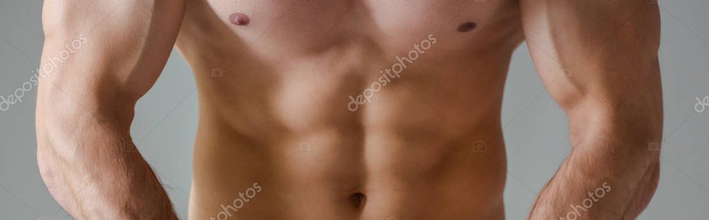 Cropped view of sexy muscular bodybuilder with bare torso posing isolated on grey, panoramic shot — Stock Image Cropped View Sexy Muscular Bodybuilder Bare Torso Posing Isolated Grey Stock Photo