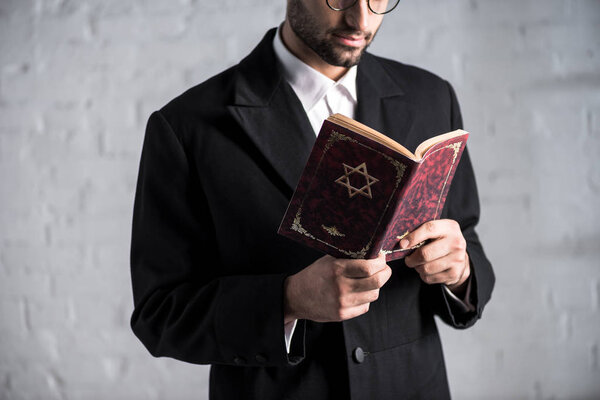 cropped view of young jewish man reading tanakh 