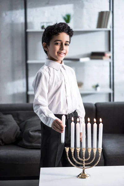 Cute Smiling Jewish Boy Shirt Holding Candle — Stock Photo, Image