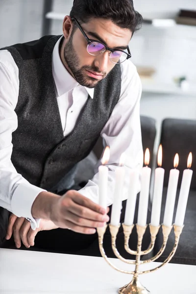 Handsome Young Jewish Man Glasses Holding Candle — Stock Photo, Image