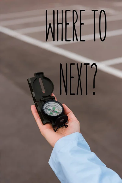 Cropped View Woman Holding Compass Next Letters — Stock Photo, Image