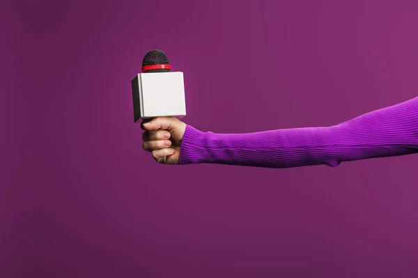 Cropped View Reporter Holding Microphone Purple Background — 스톡 사진