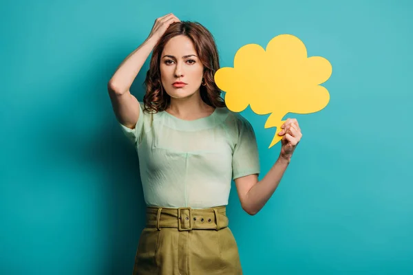 Thoughtful Woman Touching Head While Holding Thought Bubble Blue Background — 스톡 사진