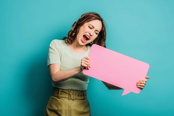 Angry Woman Shouting While Holding Speech Bubble Blue Background — 스톡 사진