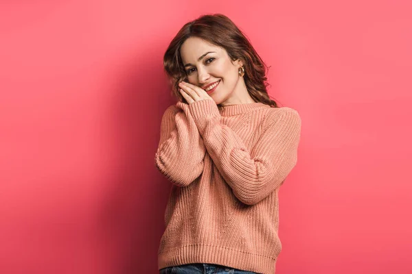 Happy Girl Holding Hands Face While Looking Camera Pink Background — ストック写真