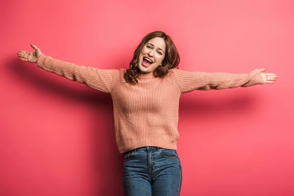 Happy Girl Standing Open Arms Pink Background — Stock Photo, Image