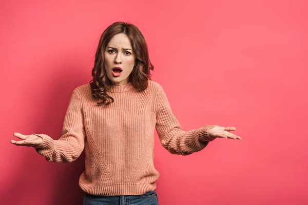 Offended Girl Standing Open Arms Pink Background — 图库照片