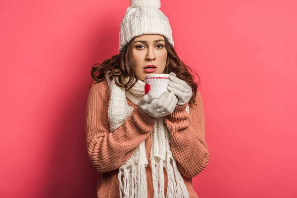 Cold Girl Warm Hat Scarf Holding Cup Warming Drink Pink — 스톡 사진