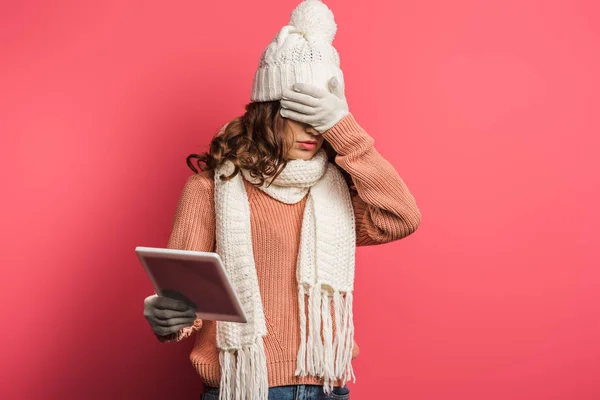 Upset Girl Warm Hat Scarf Holding Digital Tablet Covering Face — 스톡 사진