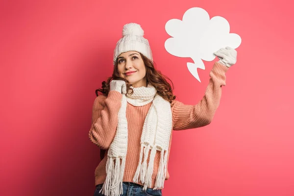 Thoughtful Girl Warm Hat Scarf Holding Thought Bubble Pink Background — Stock Photo, Image