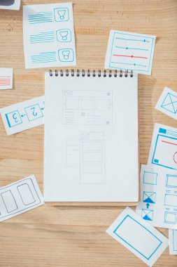 ux web sitesinin geniş çerçeveli çizimleri ve ahşap masa üzerinde planlama uygulamalarının üst görünümü