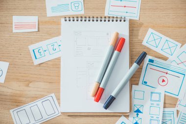 Defterdeki kalemlerin en üst görünümü ve ahşap masadaki web sitesi ux uygulama çizimleri