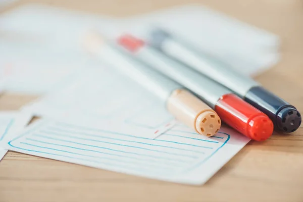 Selective Focus Pens User Experience Design Sketches Wooden Table — Stock Photo, Image