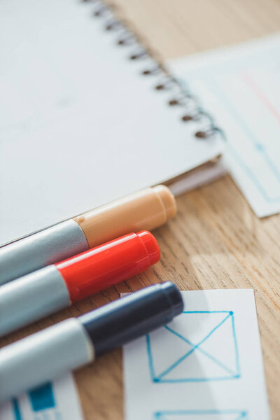 Selective focus of pens with ux web sketches on table