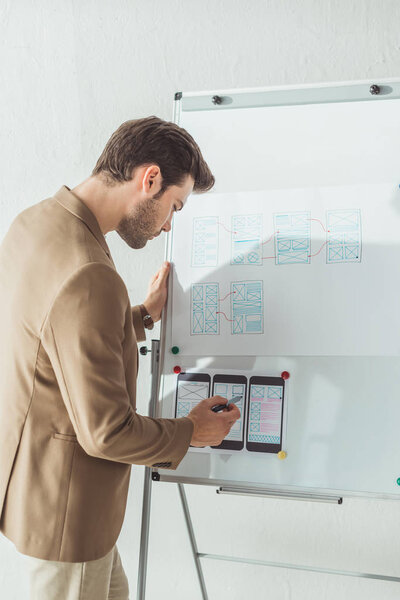 Side view of creative designer planning app interface for mobile website on whiteboard in office