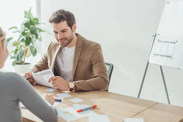 Selective Focus Smiling Designer Working Mobile Application Layouts Colleague Table — Stock Photo, Image