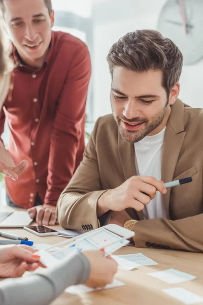 Selective Focus Smiling Designers Planning Mobile App Prototype Table — Stock Photo, Image